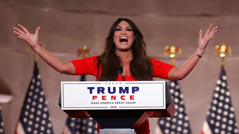 Kimberly Guilfoyle yelling behind podium