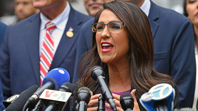 Lauren Boebert speaking at a press conference