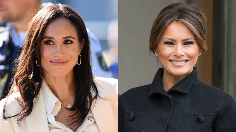 Meghan Markle smiles the Invictus Games Düsseldorf 2023 in Dusseldorf, Germany (2023); Melania Trump smiles at the Elysee Presidential Palace in Paris, France (2018)