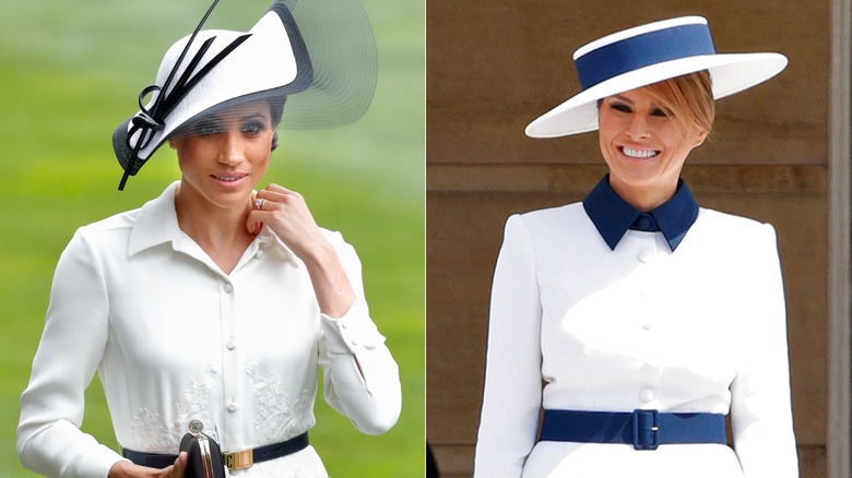 Meghan Markle attends day 1 of Royal Ascot at Ascot Racecourse in Ascot, England (2018); Melania Trump attends Ceremonial Welcome in Buckingham Palace for state visit (2019)