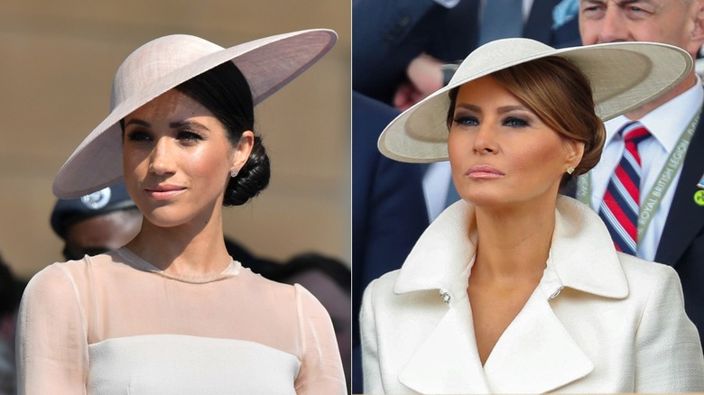 Meghan Markle attends The Prince of Wales' 70th Birthday Patronage Celebration at Buckingham Palace in London (2018); Melania Trump attends the D-day 75 Commemorations in Portsmouth, England (2019)