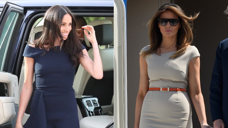 Melania Trump arrives at Stansted Airport in Essex, England (2018); Meghan Markle smiles outside Cliveden House Hotel in London (2018)