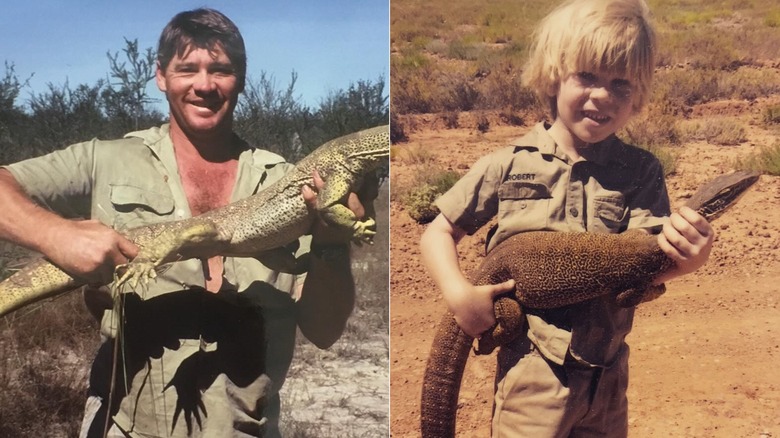 Steve Irwin smiling, holding reptile & Young Robert Irwin smiling, holding reptile