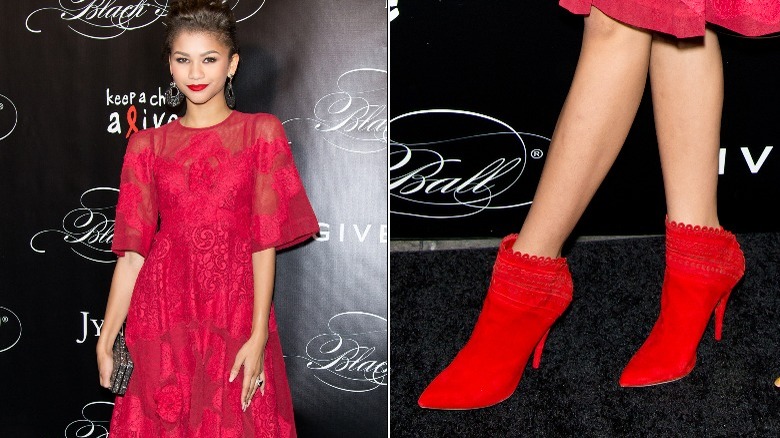 Zendaya's red booties and Zendaya wearing a red dress on the red carpet