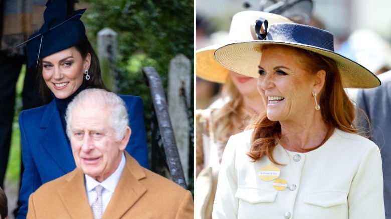 Kate Middleton and King Charles III walking & Sarah Ferguson smiling