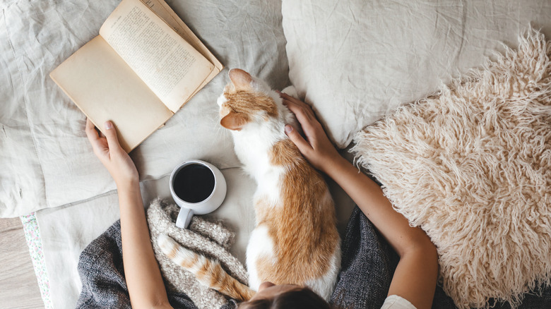 A woman reading with her cat