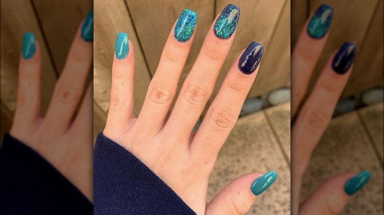 turquoise nails with glitter