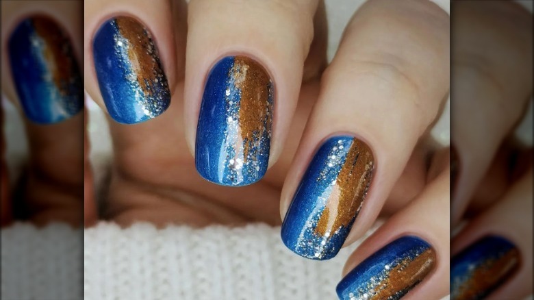 blue and bronze nails with silver glitter