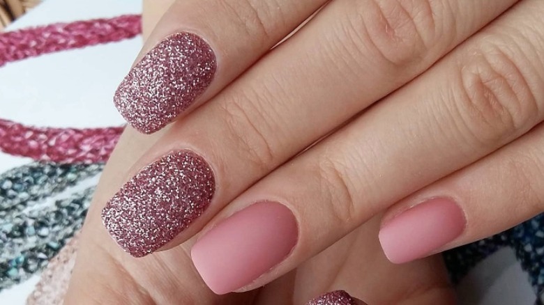 matte pink and glitter mauve nails