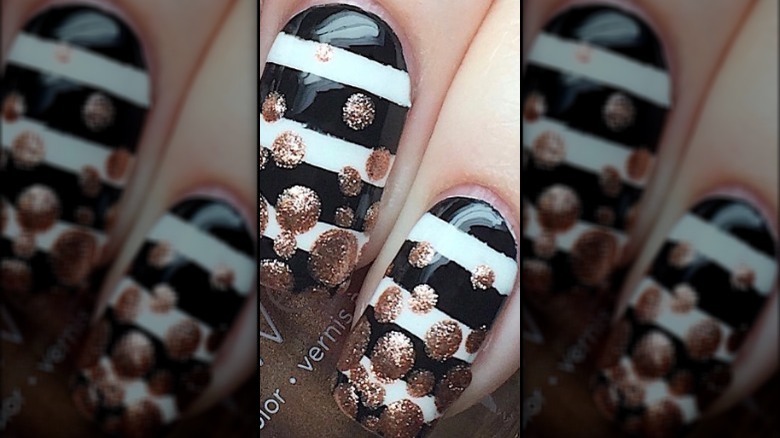 black and white strips with bronze glitter dots