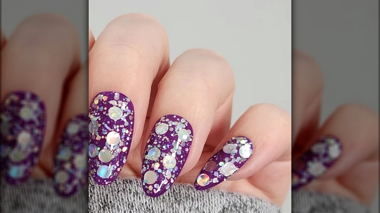 purple nails with silver glitter