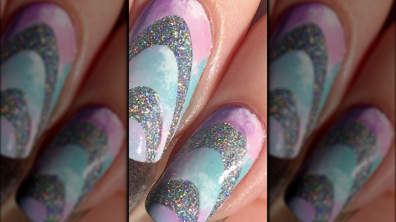 holographic glitter silver strips on ombre base