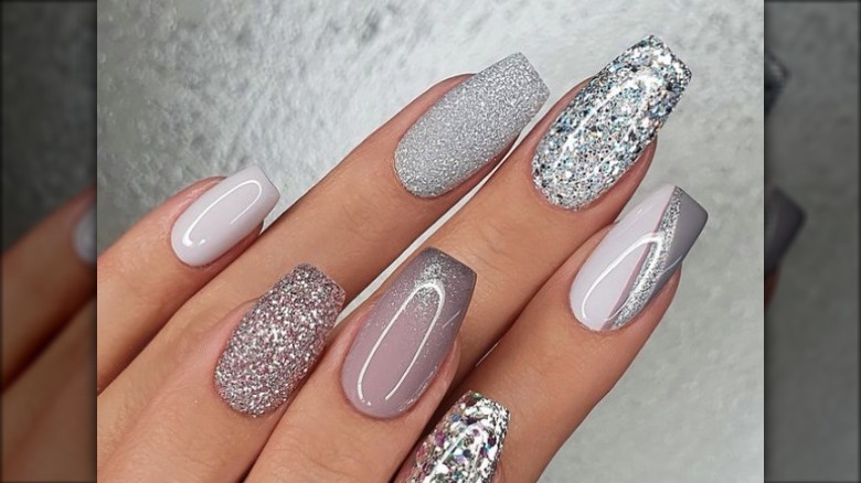 silver gray nails with glitter finishes