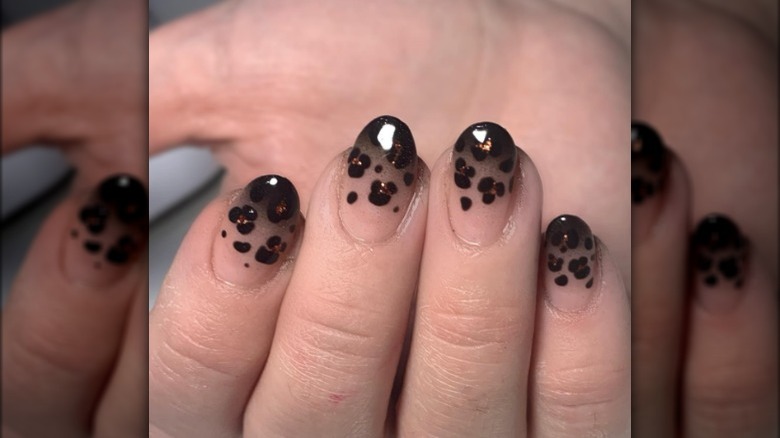 glitter nails, black tips and dots