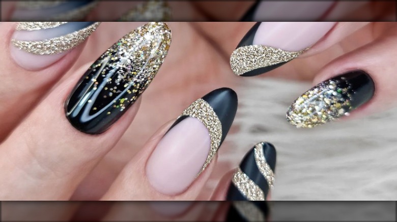 black and clear nails with gold glitter