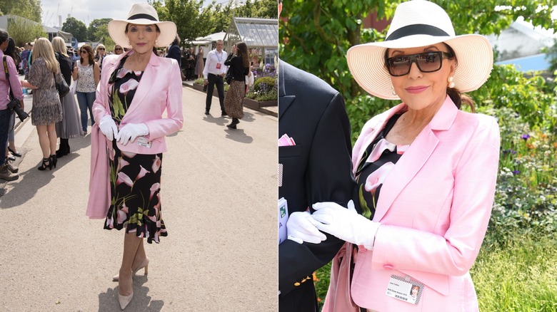 Joan Collins poses in pink blazer and dress 