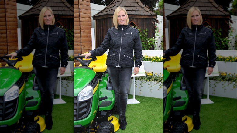 Zara Tindall posing with lawn mower 