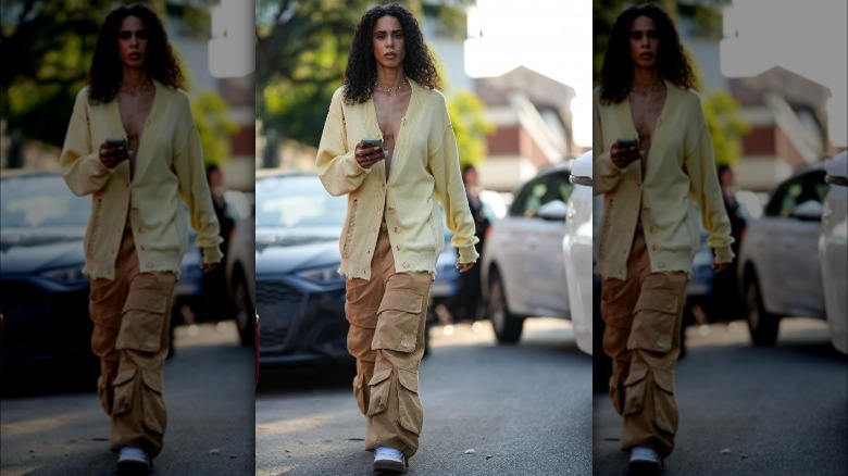 Yellow blouse with brown mini skirt