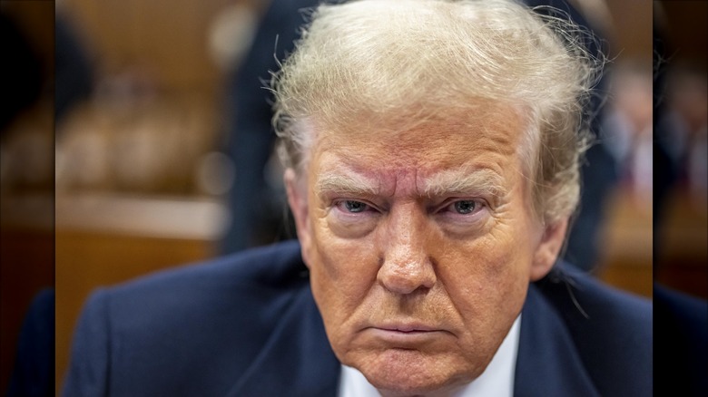 Donald Trump inside the courtroom with fuzzy hair, a stern look, and patchy skin.