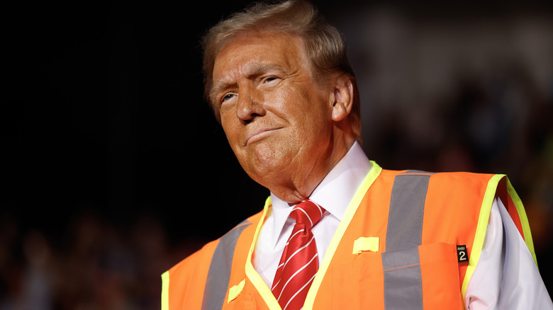 Donald Trump wearing an orange safety vest with a red tie and an orange-hued face.