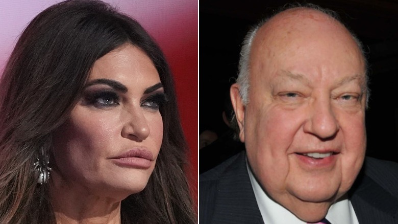 Split image of Kimberly Guilfoyle looking serious and Roger Ailes smiling