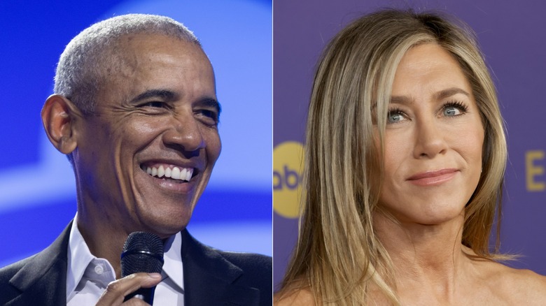 Split image of former president Barack Obama and actor Jennifer Aniston