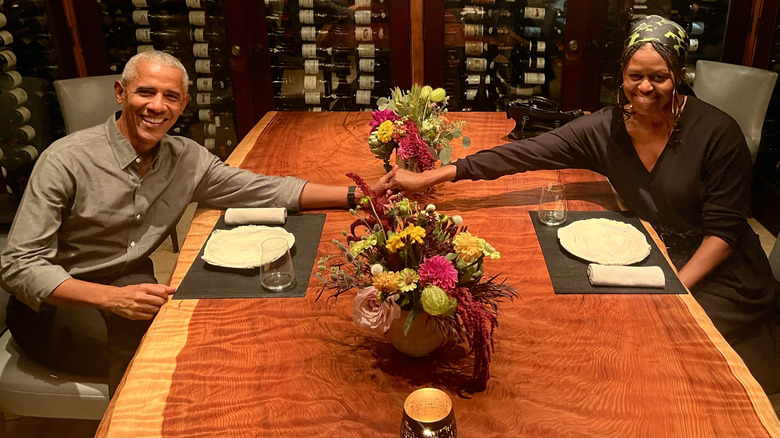 Barack Obama during a birthday dinner with wife Michelle