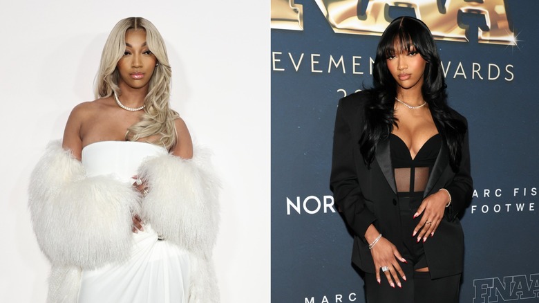 Side-by-side photos of Angel Reese with long, light blonde hair wearing a white sleeveless dress and fluffy white wrap (left) and wearing an all-black outfit with long, dark hair and bangs (right)