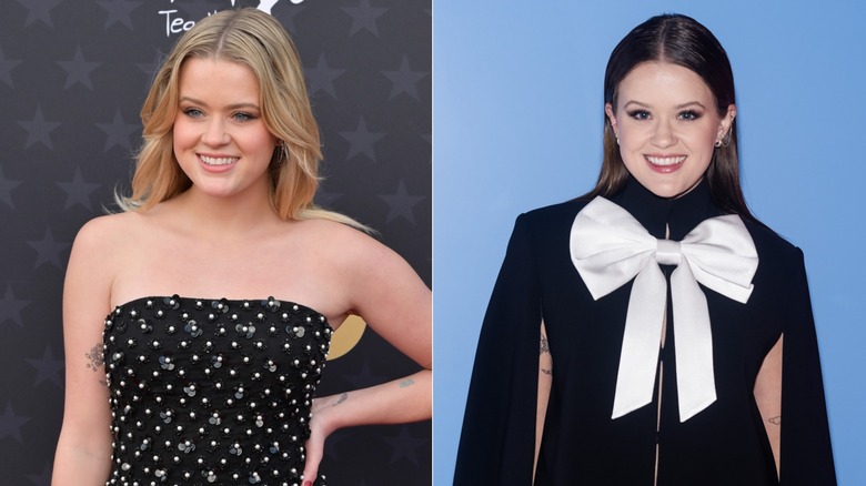 Side-by-side photos of Ava Phillippe as a blonde in a black strapless dress (left) and a brunette in a black outfit with a large white bow on her chest (right)