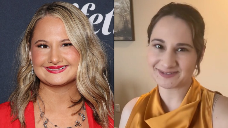 Side-by-side photos of Gypsy-Rose Blanchard with blonde hair, wearing red lipstick and a red top (left) and brown hair, with minimal makeup and wearing a dark yellow top (right)