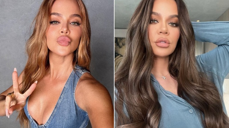 Side-by-side selfies of Khloé Kardashian with honey blonde hair and darker hair