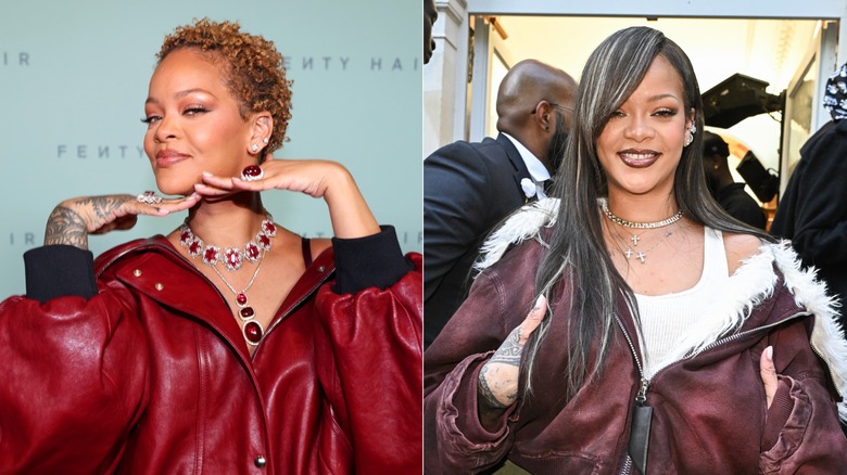 Side-by-side photos of Rihanna with short, curly, honey-blonde hair (left) and long, straight, dark hair with chunky, lighter highlights (right)