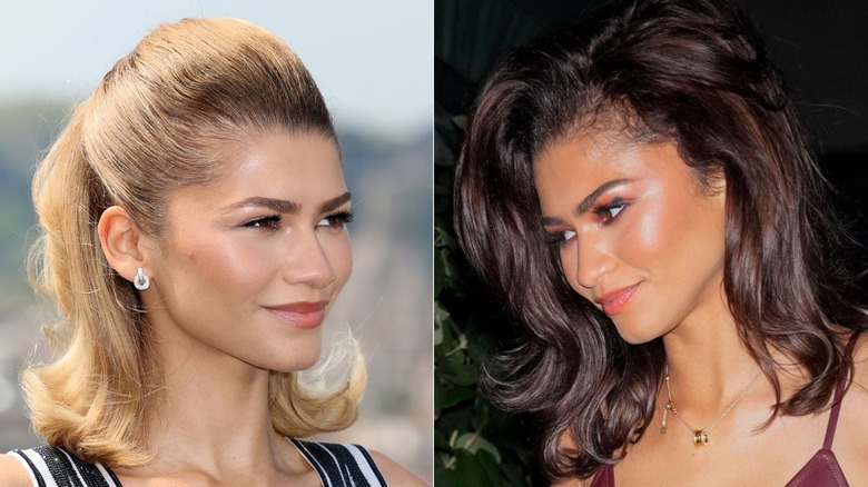 Side-by-side closeups of Zendaya with a blonde half updo (left) and dark brown lob (right)