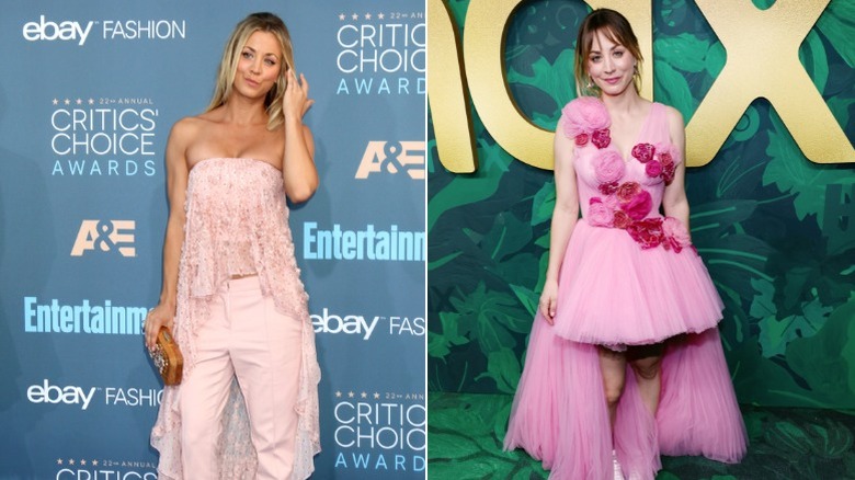 Kaley Cuoco wearing two pink mullet dresses