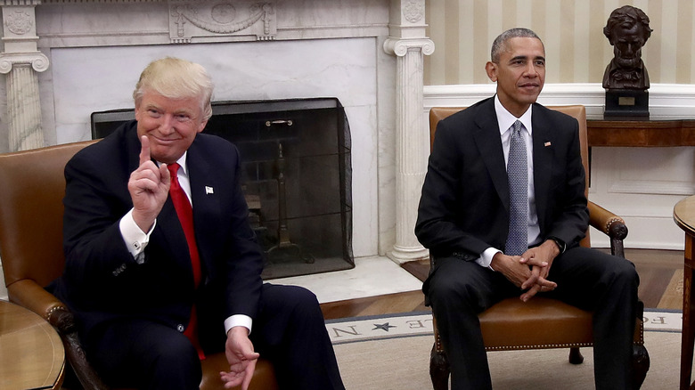 Donald Trump and Barack Obama sitting in the Oval Office