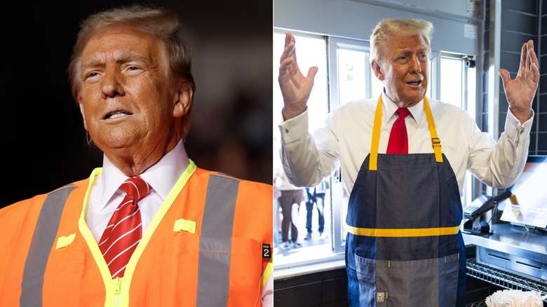 Donald Trump wearing an orange safety vest & Donald Trump wearing a McDonald's apron