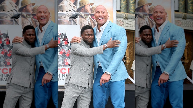 Dwayne 'The Rock' Johnson and Kevin Hart embrace in 2019