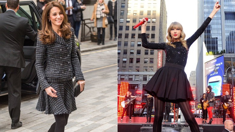 Split image of Kate Middleton and Taylor Swift in all black outfits