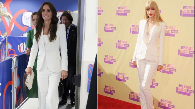 Split image of Kate Middleton and Taylor Swift wearing suits