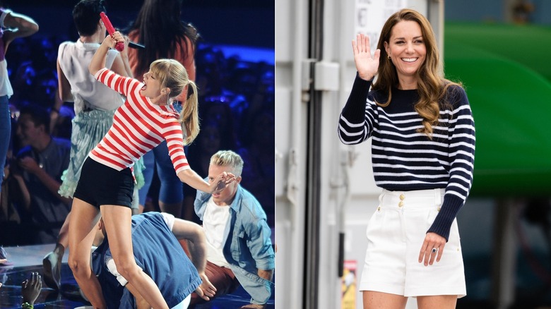 Split image of Kate Middleton and Taylor Swift in stripes