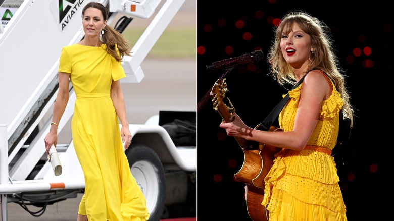 Split image of Kate Middleton and Taylor Swift in yellow gowns