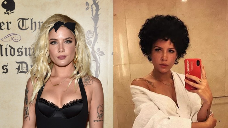 Halsey with wig and without split image