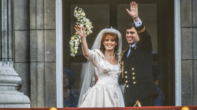 Sarah, Duchess of York, and Prince Andrew waving