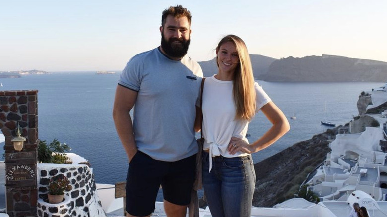 Jason and Kylie Kelce posing in Santorini