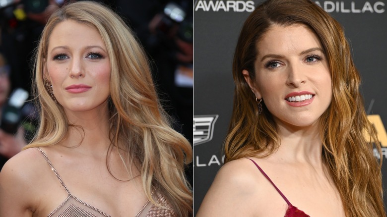 Close up of Blake Lively in sparkly gown with hair down and close up of Anna Kendrick in red gown with hair down