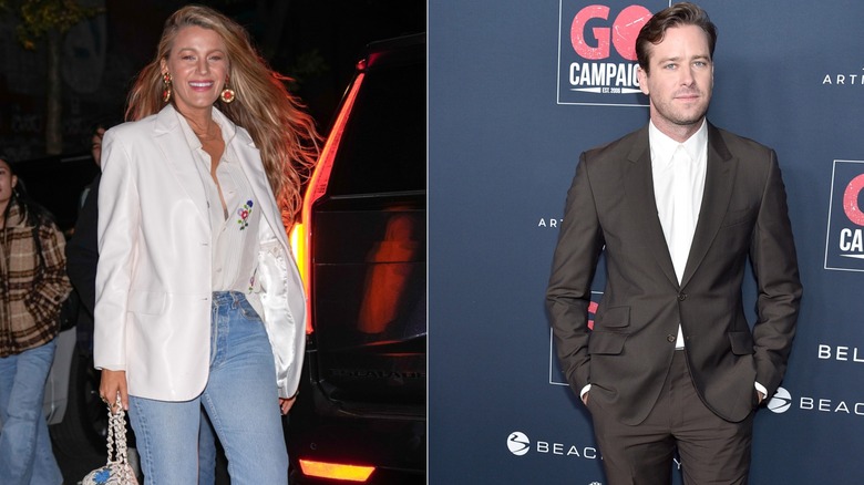 Blake Lively in jeans and white blazer with hair down and Armie Hammer in black suit and white shirt and tie