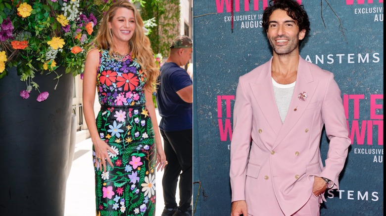 Blake Lively in floral dress and Justin Baldoni in pink suit