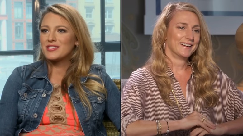 Blake Lively in denim jacket and orange and tan dress and Kjersti Flaa in red and white striped blouse