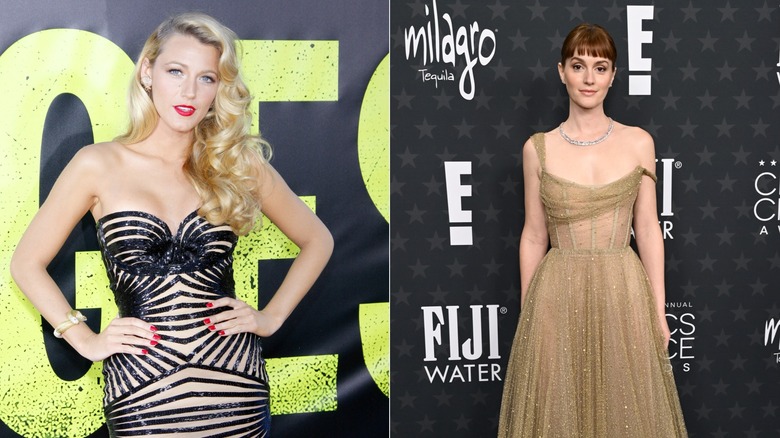 Blake Lively in strapless black gown and Leighton Meester in gold one shoulder gown with sparkles