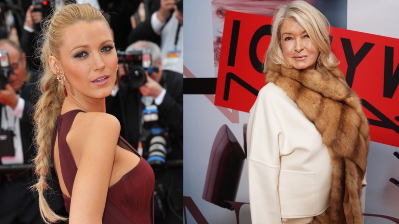 Blake Lively in maroon dress and long braid looking over shoulder and Martha Stewart in cream jacket and fur wrap